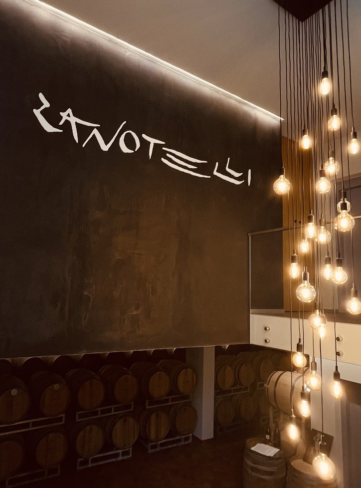Il marchio Zanotelli sul muro della cantina, con le luci a sospensione