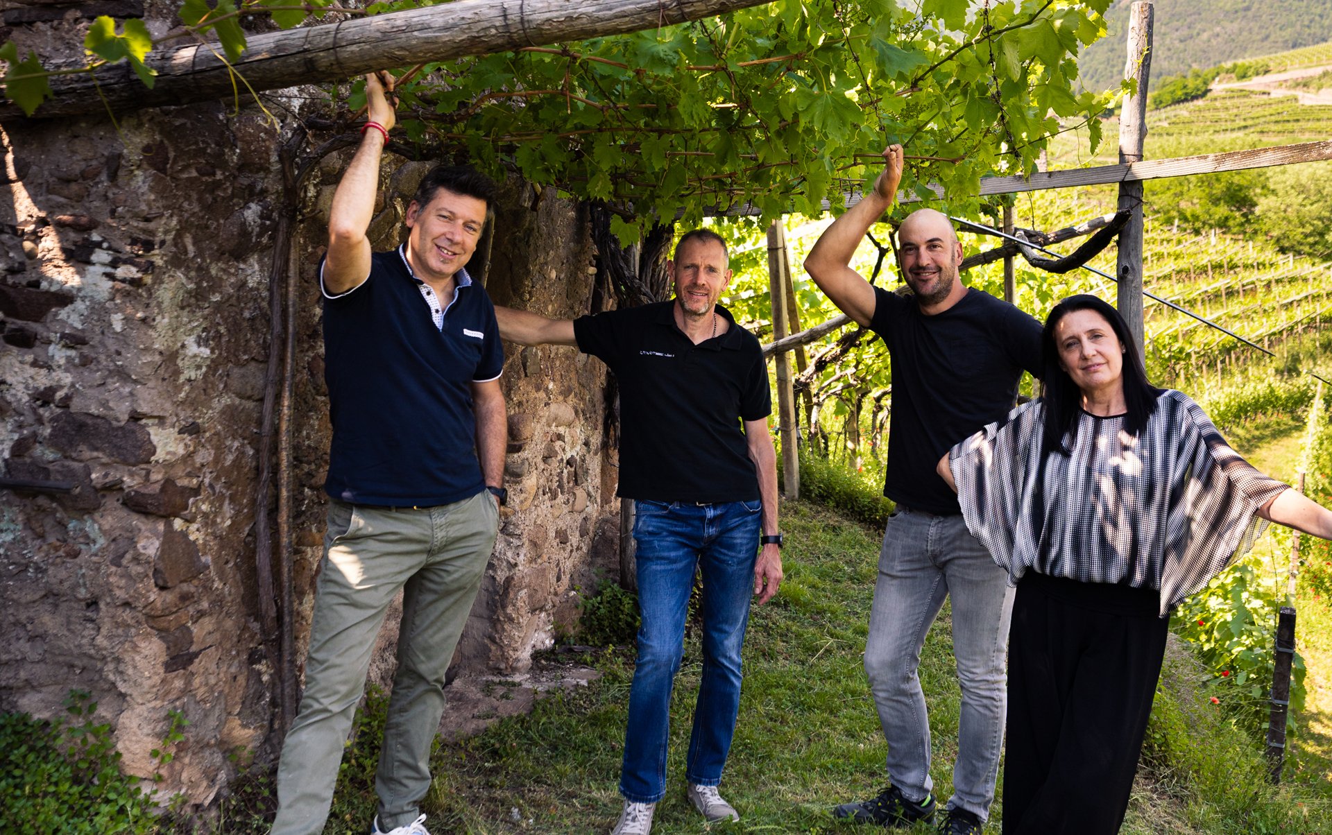 I quattro cugini Zanotelli sotto la pergola di vite, davanti ai vigneti terrazzati della Valle di Cembra