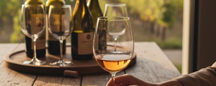 Degustazione di vini Zanotelli con calici e bottiglie affacciata sul vigneto